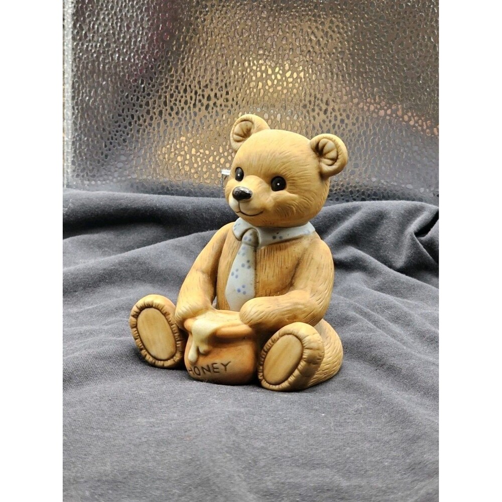 Vintage 1995 Teddy Bear Figurine Holding Honey Pot Resin Collectible Bear Decor